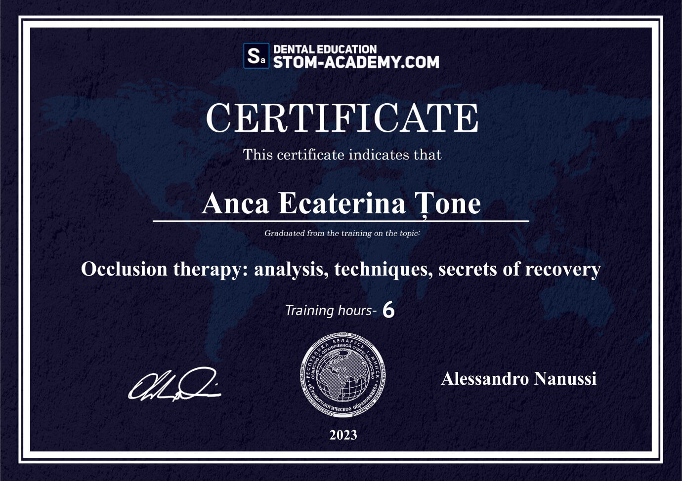 Certificate - Occlusion therapy: analysis, techniques, secrets of recovery