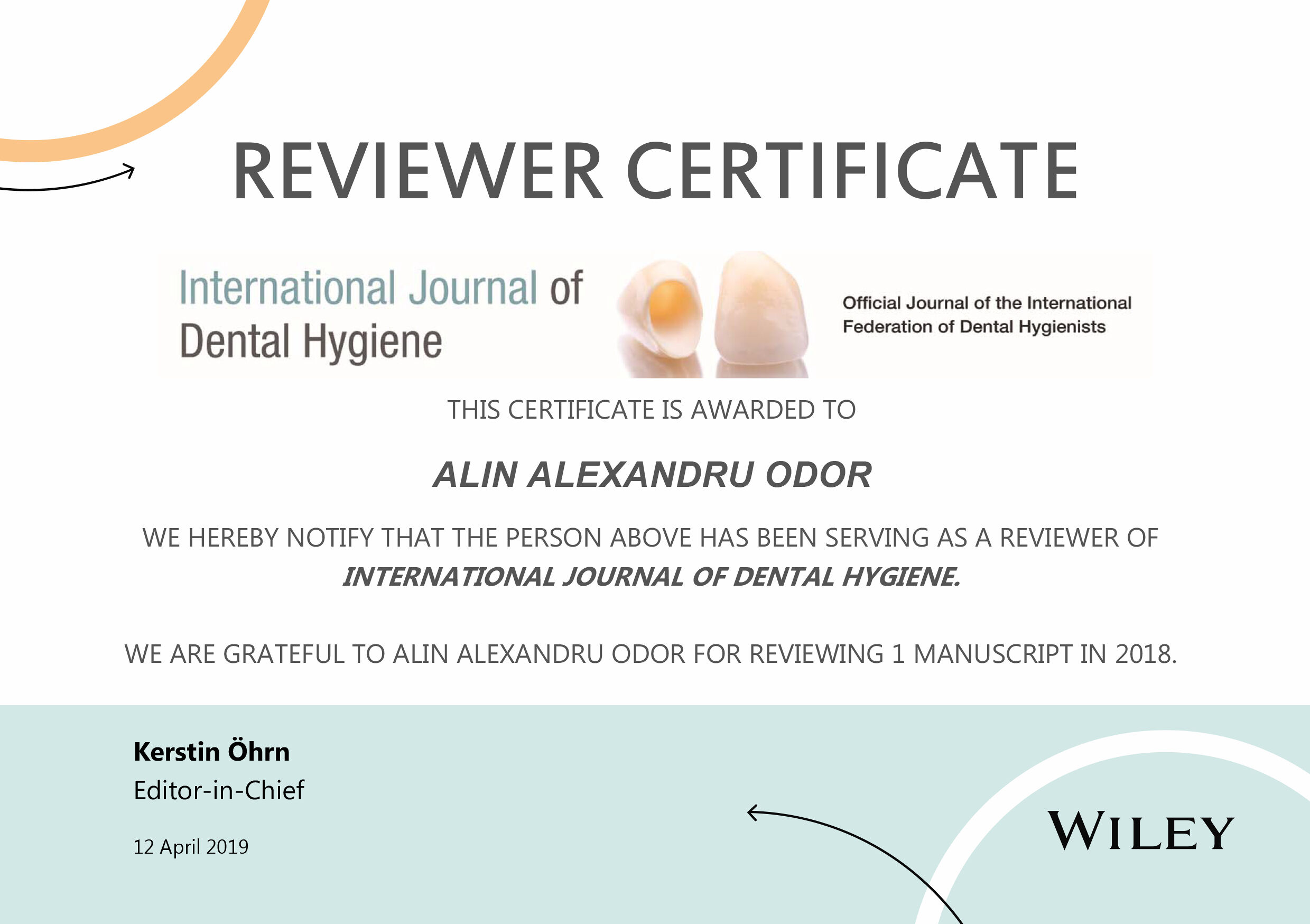 Dr. Alin Odor - certificare reviewer